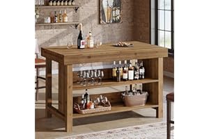 TRIBEWOOD Solid Wood 55-Inch Bar Table, 3-Tier Farmhouse Home Bar Unit with Open Storage Shelves, Rectangular Counter Height 