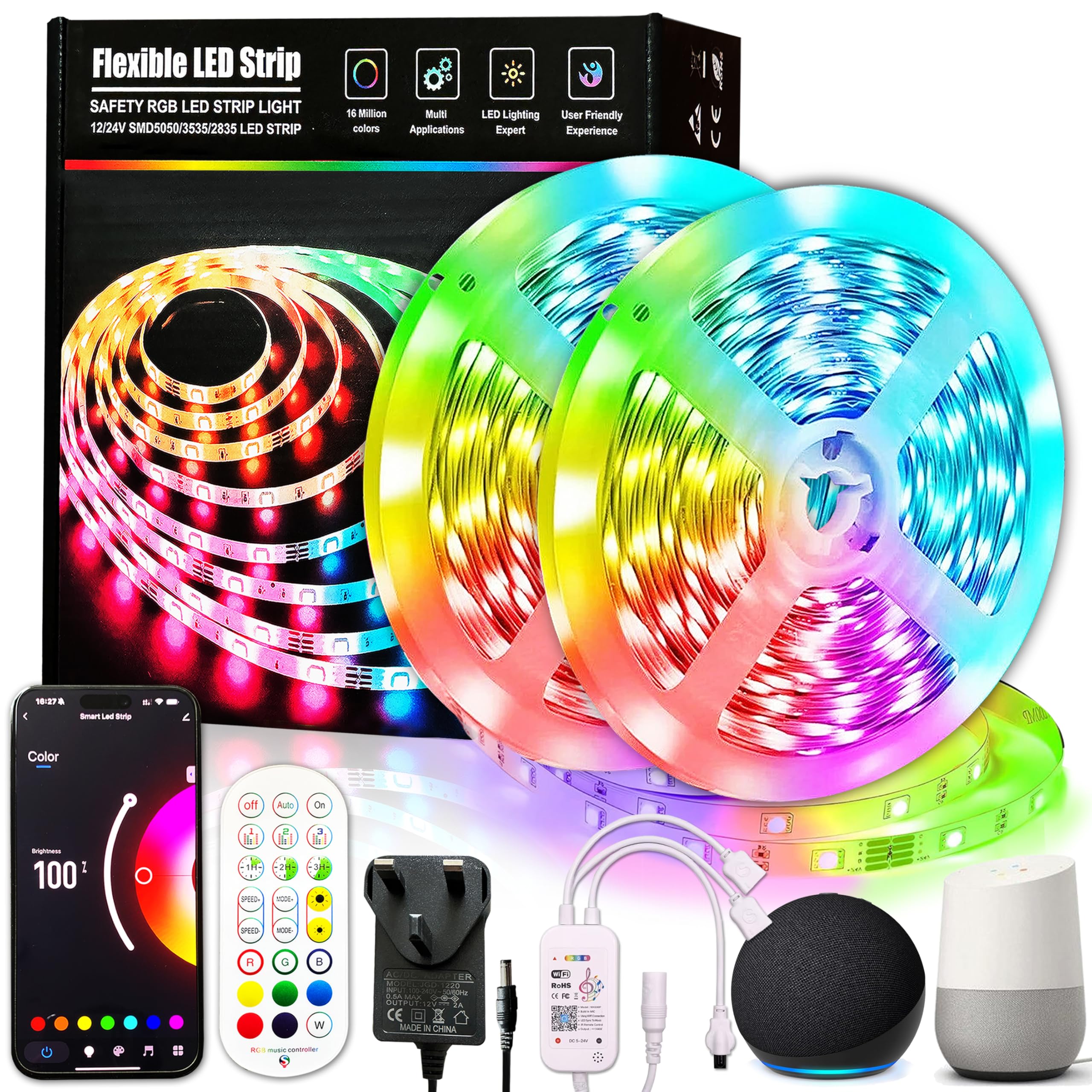 30M/100ft WiFi LED Strip Light RGB Lights Works with Alexa & Google Home Smart App, Music Sync for Room Decor Home Decor Lights for Bedroom LED Night Light Kitchen Lights Christmas Lights (2x15M)