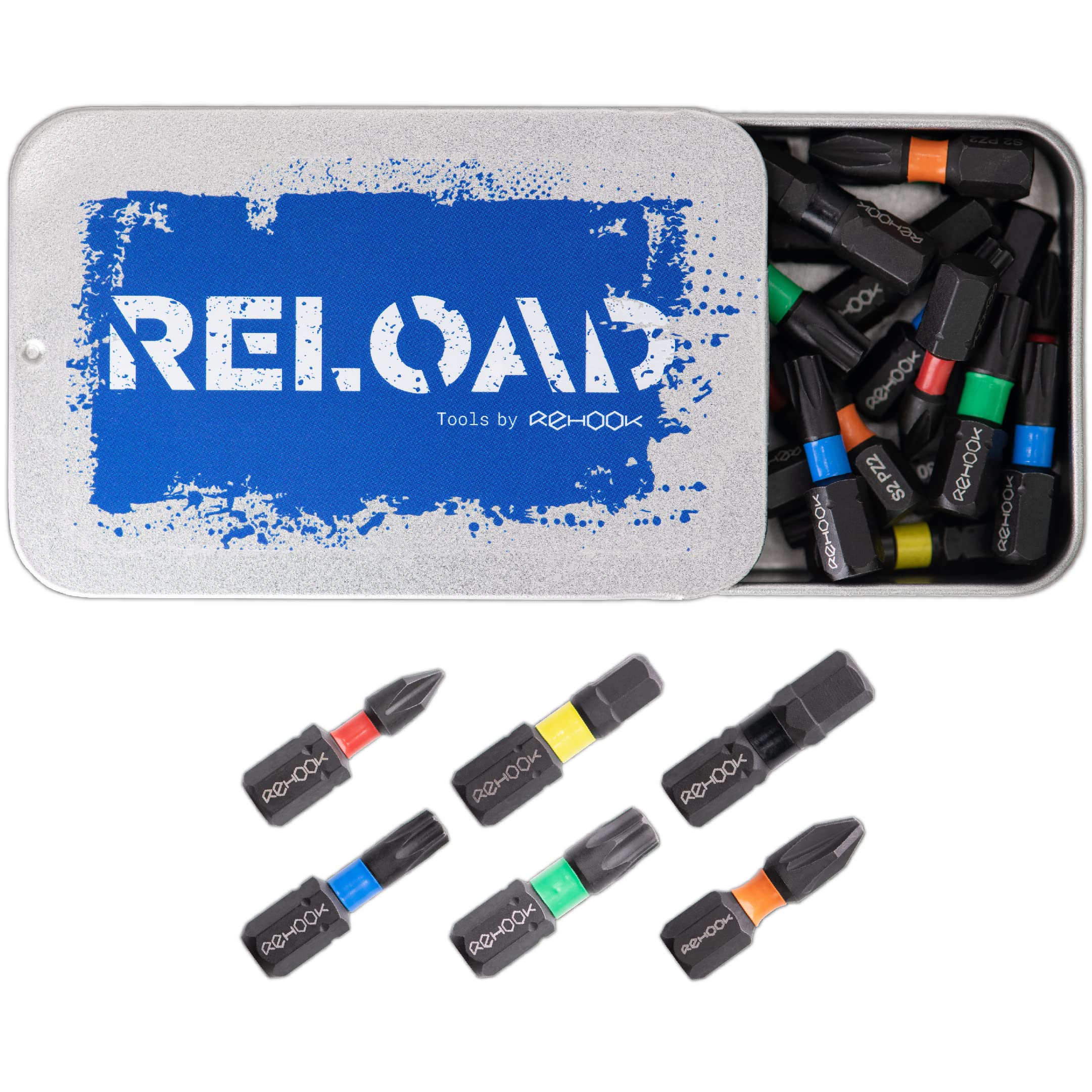Rehook Reload 25mm Impact Screwdriver Bit Set, S2 Steel Drill Driver Bits PZ2 PH1 Hex H4 H5 H6 Torx T25 T30 with 1/4" Hex Shank, Universal Tool Bits for Impact Drivers and Power Tools