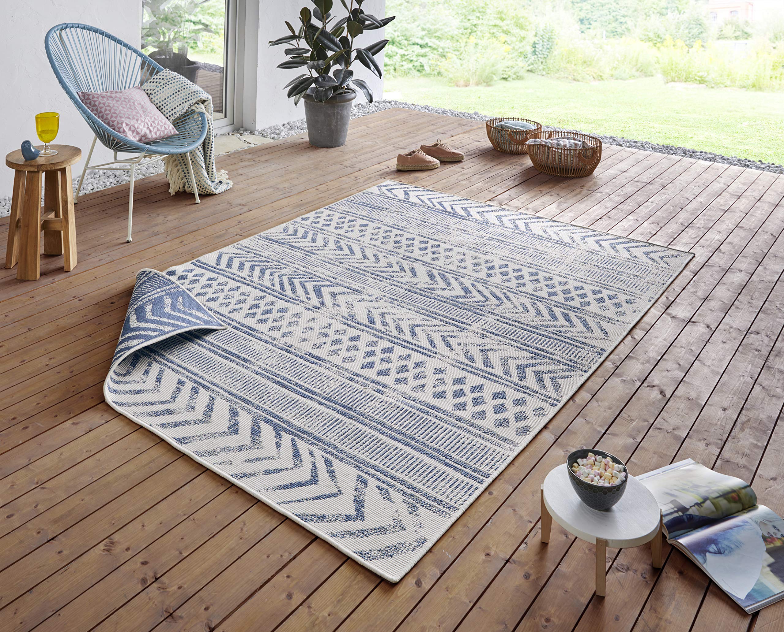NORTHRUGS Biri Indoor and Outdoor Rug 80 x 150 cm - Reversible Rug Weatherproof Boho Style Vintage Design Runner for Balcony Patio Garden Conservatory Living Room Rug Waterproof in Blue Cream