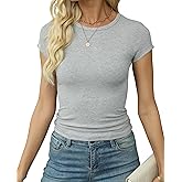 Artfish Women's Short Sleeve Shirts Crewneck Cropped Workout Slim Fitted Ribbed Casual Basic T-Shirts