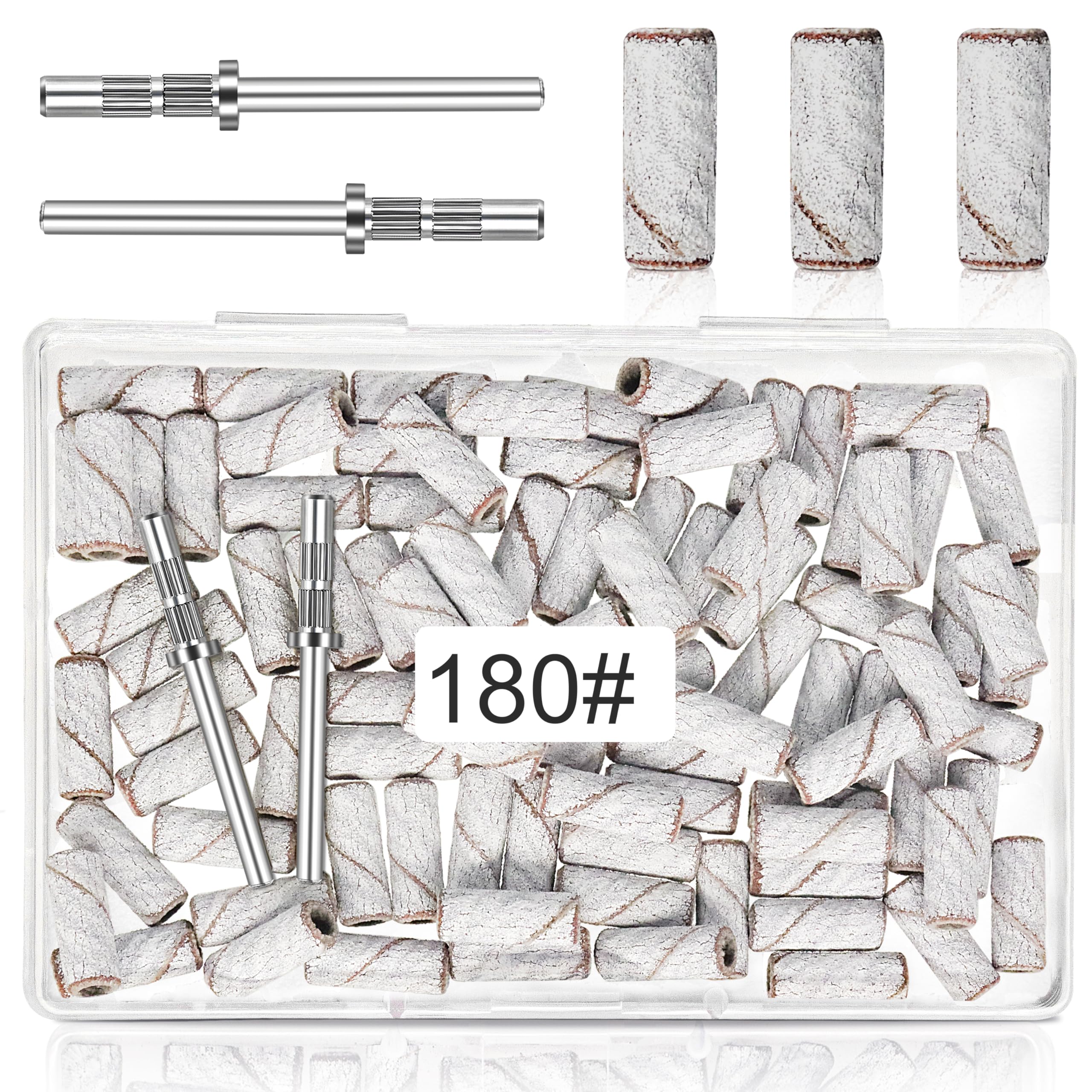 180 Grit Mini Sanding Bands for Nails - 100 Pcs with 2 Mandrel Bits, 3.1 MM Bands for Acrylic Gel Removing Shaping, Manicures and Pedicure — image 1