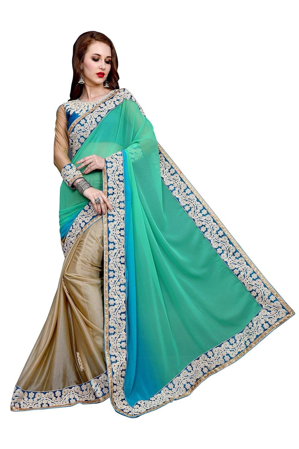 sargam fashion women's georgette saree with blouse piece (srmbbluecord)