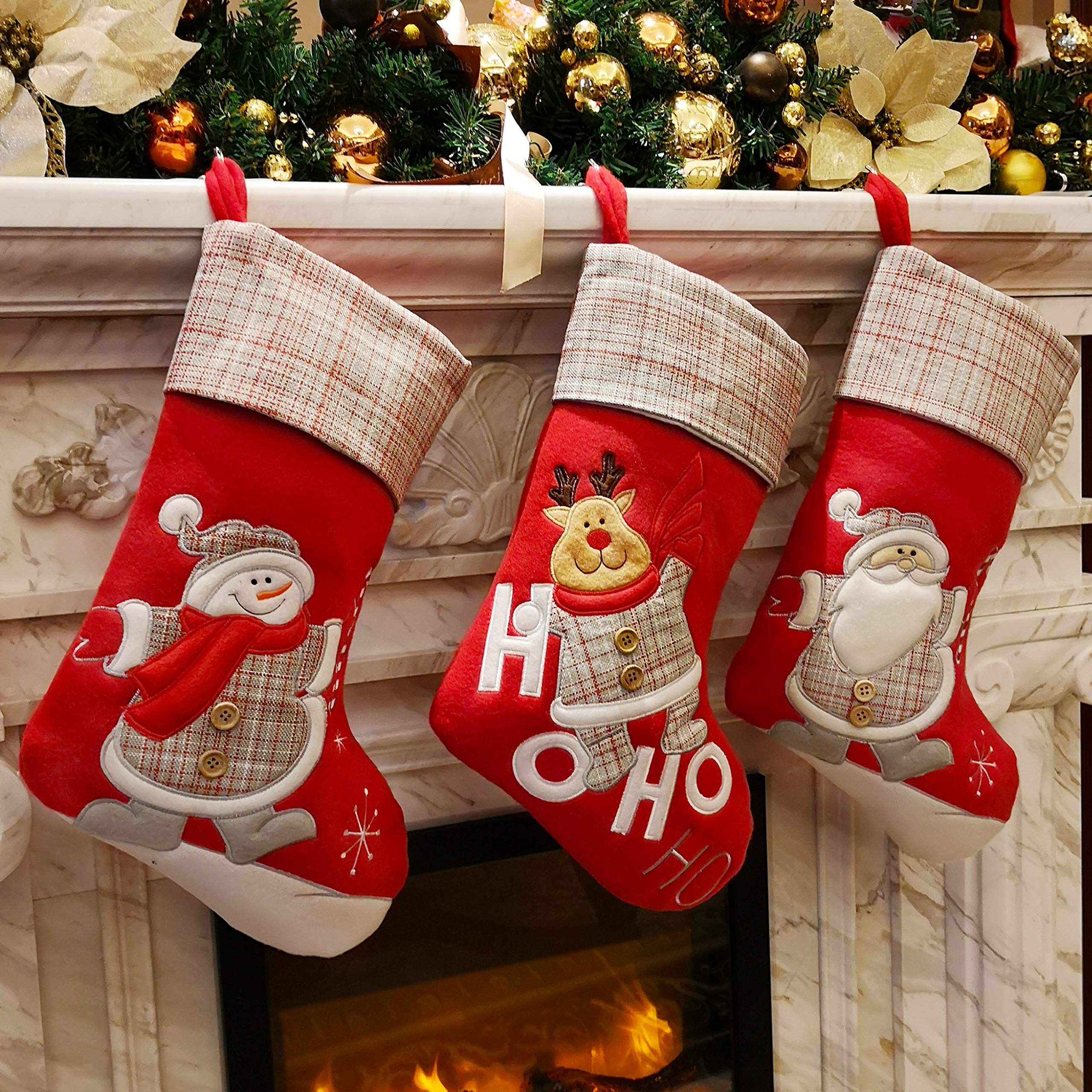 Wewill, Set of 3 Santa Claus Reindeer Snowman 3D Knitted Linen Stocking Tag Embossed Edge 17" Pile Style 6 17"