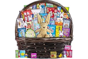CRAVEBOX Brown Easter Basket for Kids and Adults (45ct) Already Filled Easter Gift Basket with Plush Easter Bunny, Candy, Snacks, and Treats - Boys, Girls, Grandchildren, Young Children, Toddlers, Men, Women