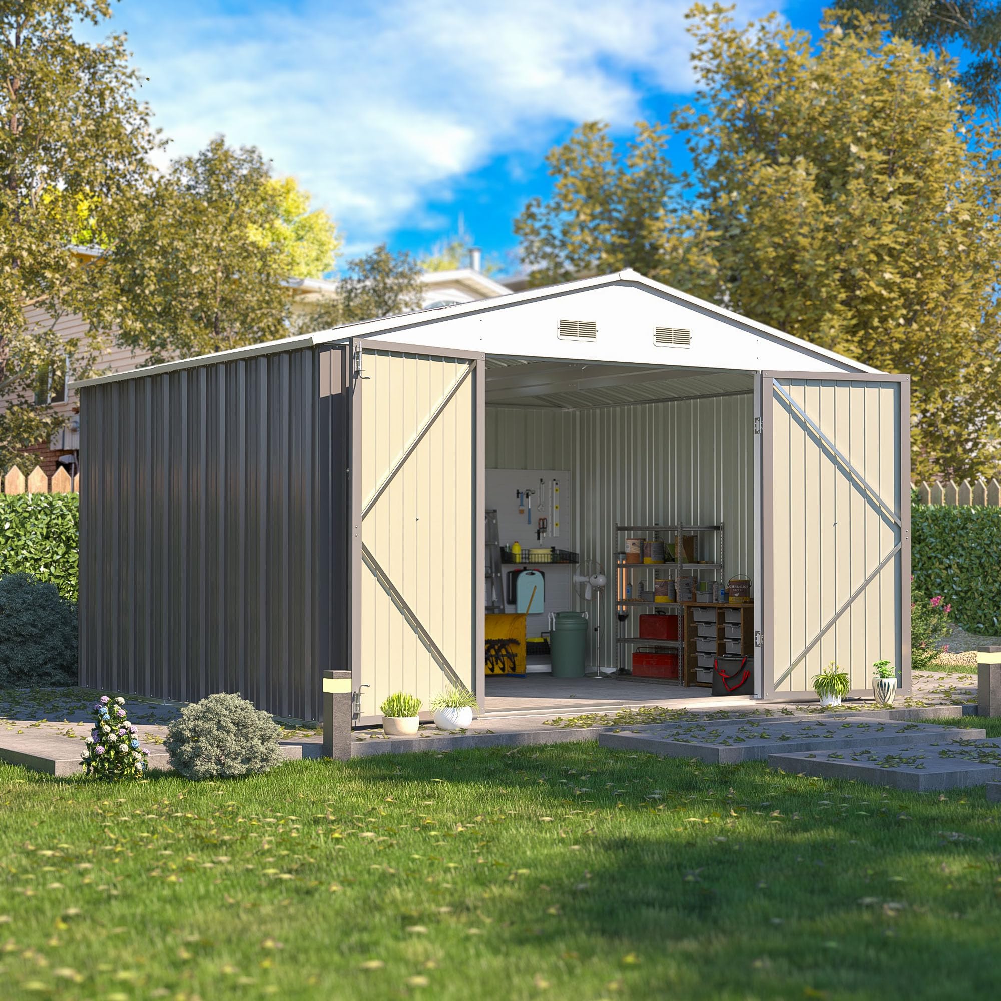 View 1 of ****************INCOMPLETE ITEM, THIS IS ONLY BOX #2 OUT OF 2 TOTAL****************
Patiowell 10x8 FT Storage Shed, Outdoor Metal Sheds with Lockable Door and Sloping Roof, Waterproof Outside Large Garden Tool Shed with Breathable Vents for Patio Lawn Bac