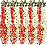 Giegxin 24 Pcs Artificial Wisteria Hanging Flowers 3.6 ft Artificial Fake Wisteria Vine Rattan Hanging Garland Silk Flowers String for Wall Home Wedding Party Greenery Decorations (Dark Red,White)