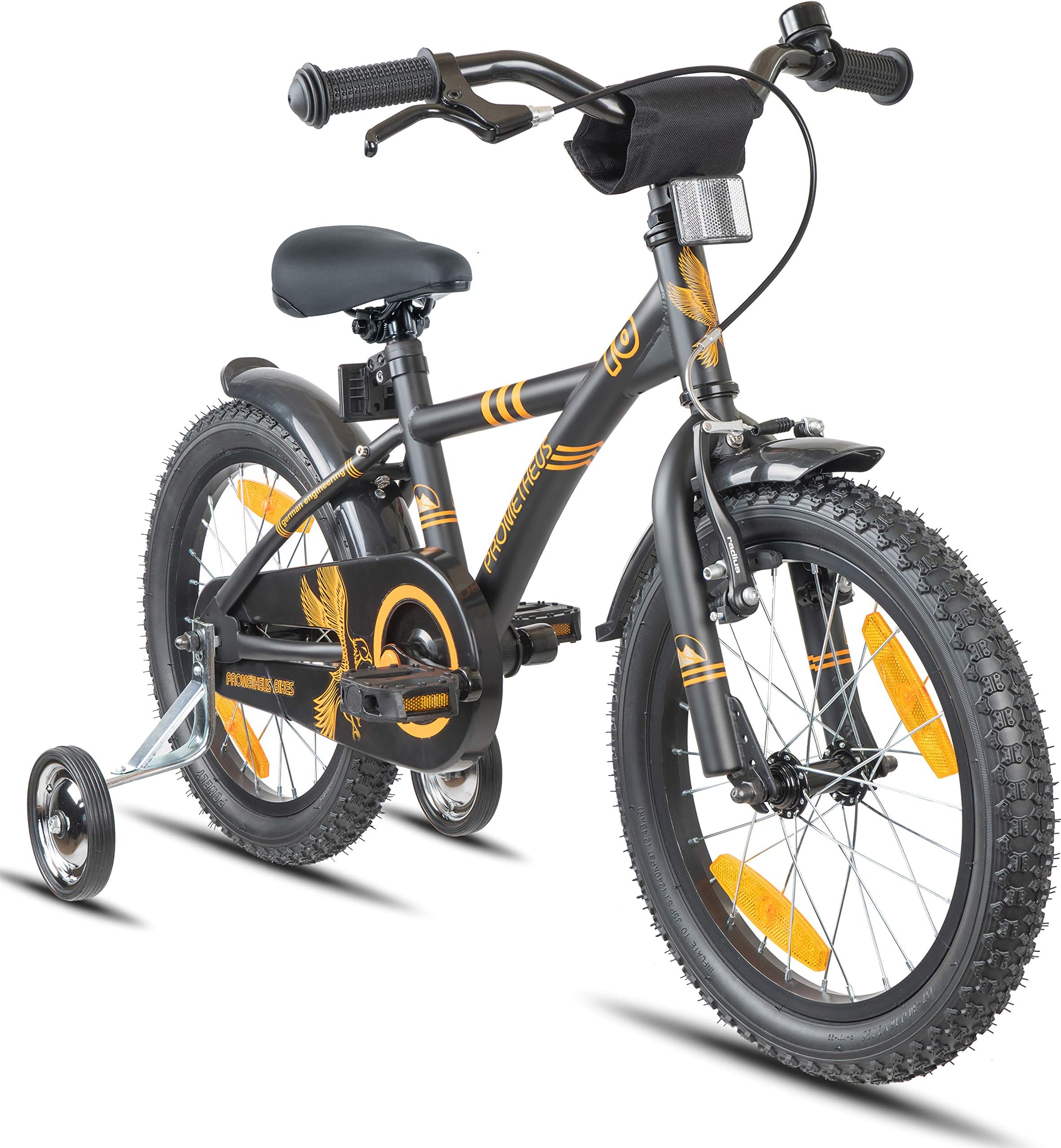 PROMETHEUS Kids bike 16 inch Boys and Girls in black Matt & Orange with metallic stabilisers | Aluminum Calliper brake and backpedal brake | including security package | as from 5 years | 16โ BMX Edition 2018