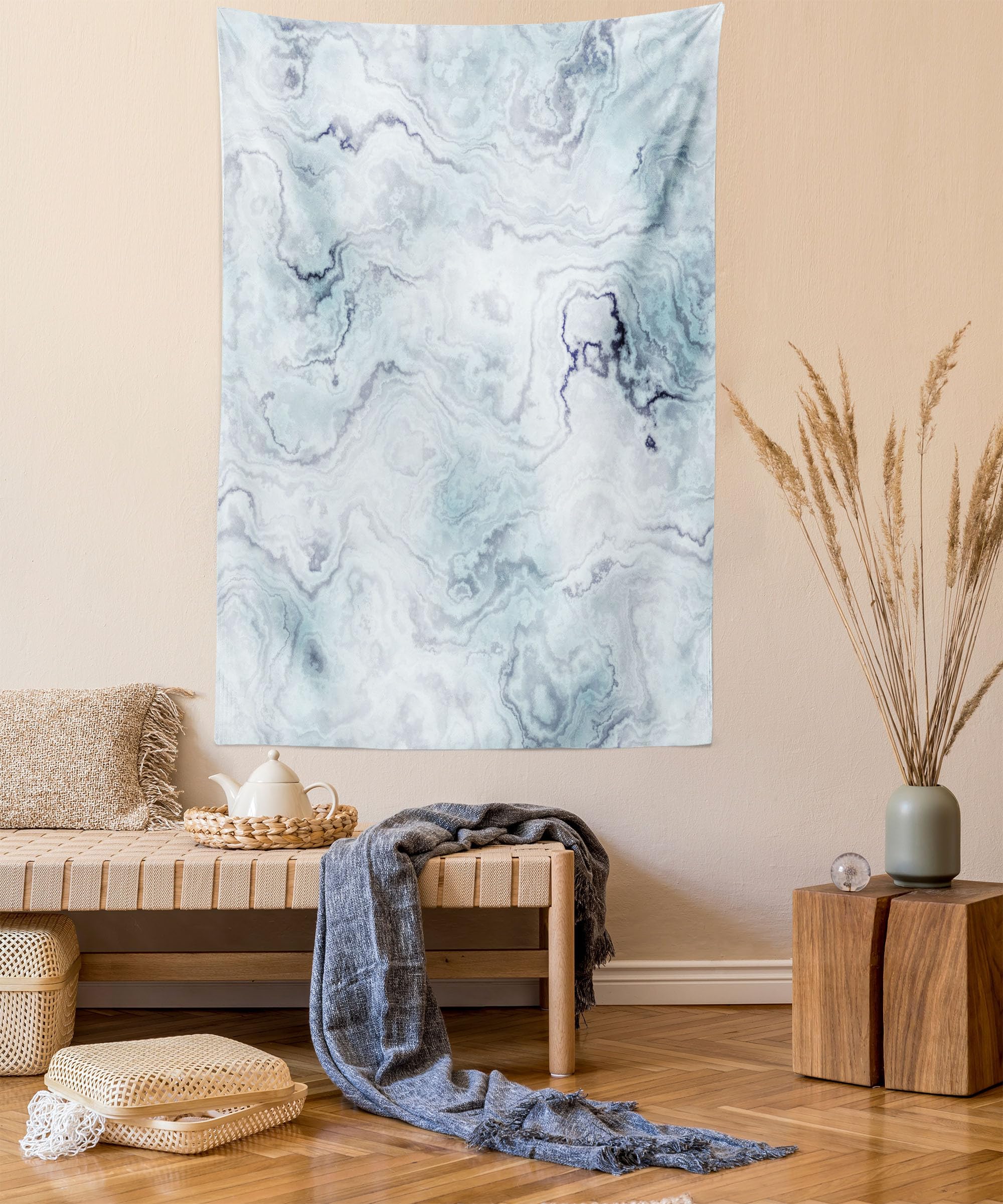 ABAKUHAUS Marble Tapestry, Soft Pastel Toned Abstract Hazy Wavy Pattern Ottoman Influences Image, Fabric Wall Hanging Decor for Bedroom Living Room Dorm, 54 W X 90 L, Pale Blue Grey Mint