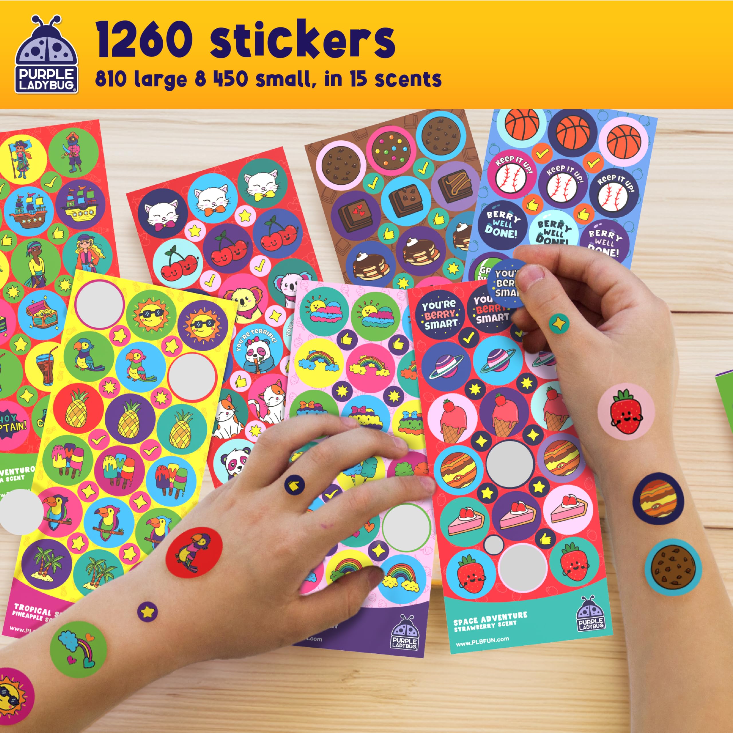 Purple Ladybug 1260 Variety Scratch and Sniff Stickers - 15 Unique Scents - Fun and Motivational Rewards for Kids and Teachers Must Haves, Smelly Sticker for Classroom, & Back to School Gift