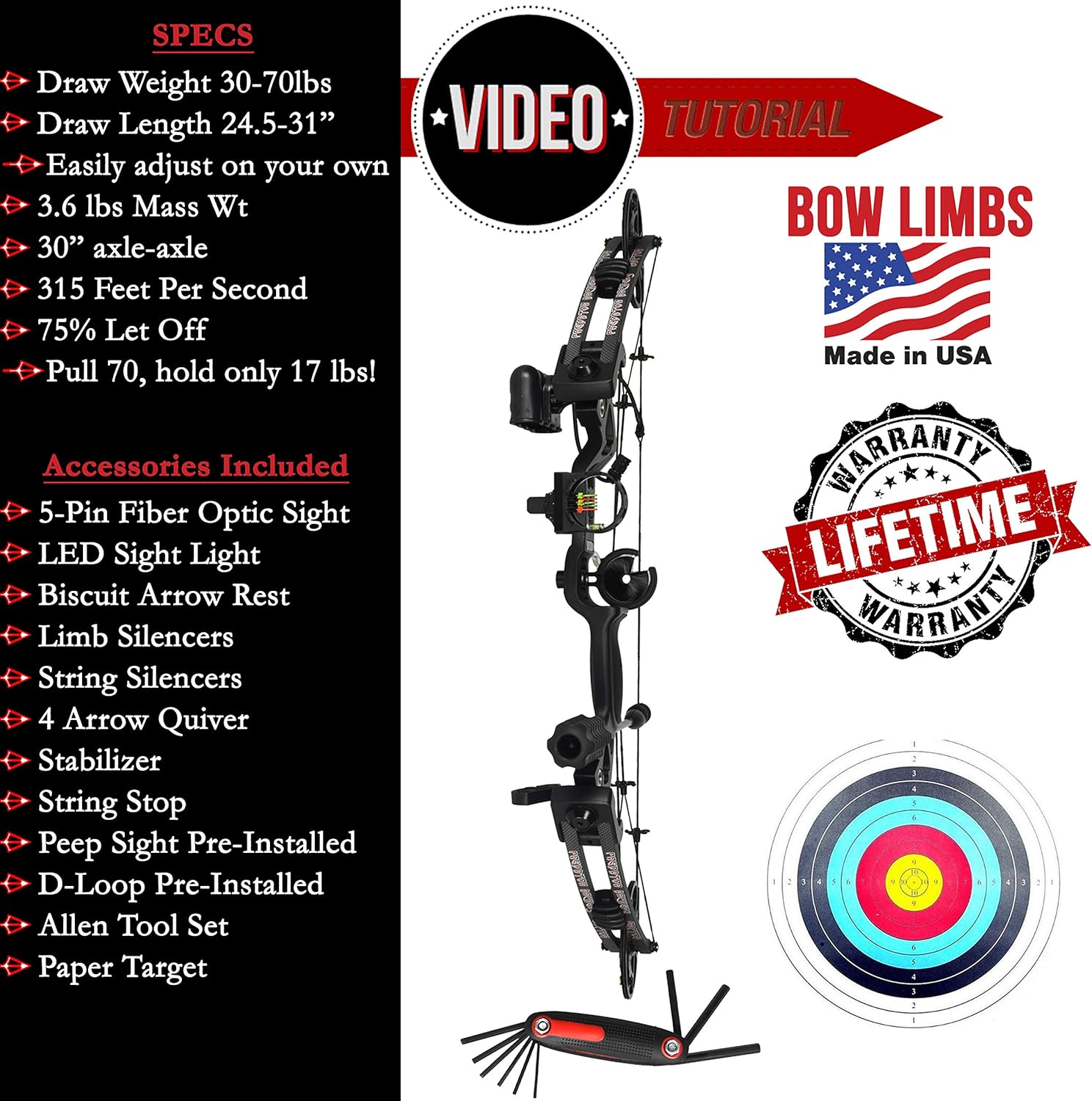 Raptor Compound Hunting Bow Kit Limbs Made In Usa Fully Adjustable 245 31 Draw 30 70lb Pull Up To 315 Fps Warranty 100 30 Day Guarantee