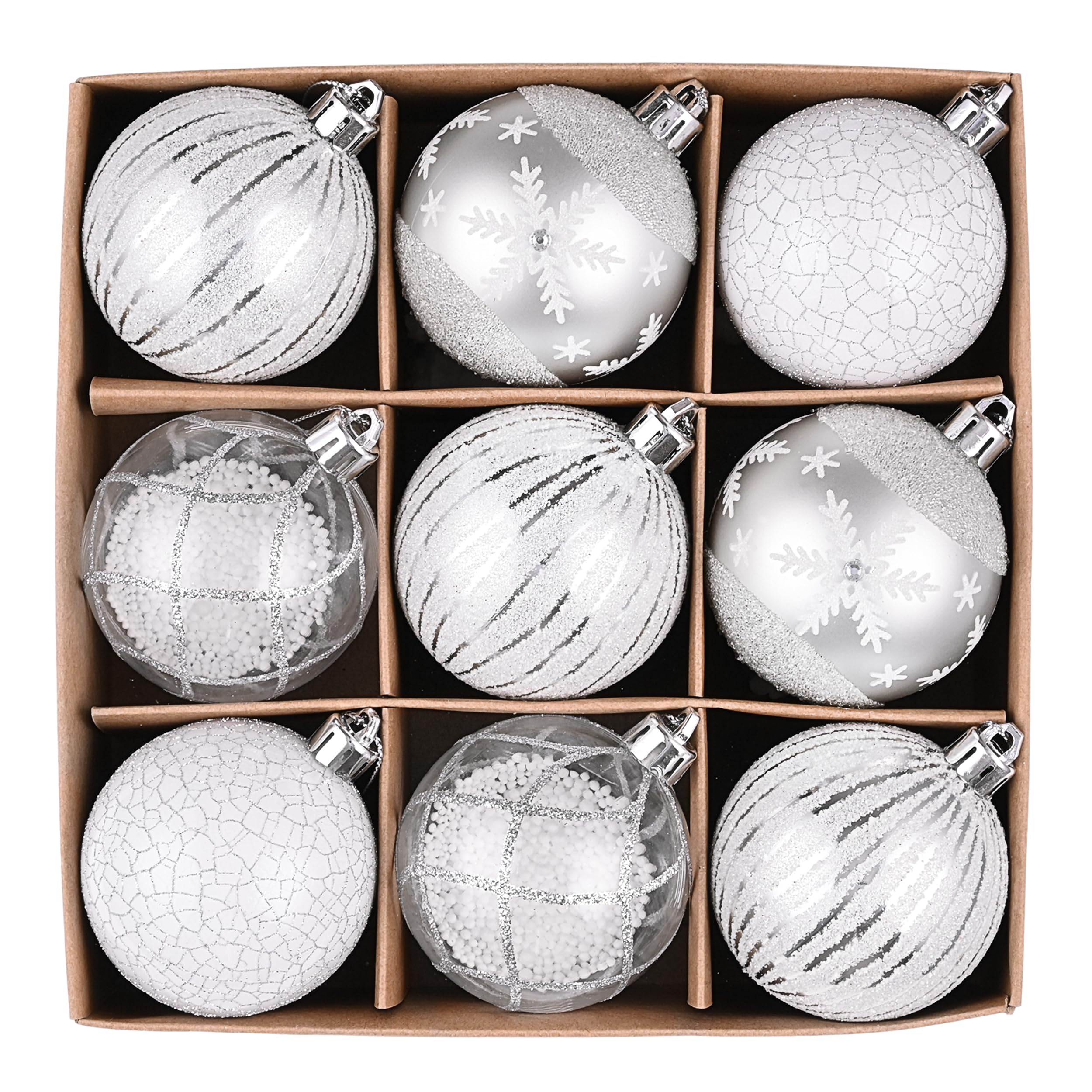 Victor's Workshop Christmas Baubles Set 9pcs 60mm, White and Silver Ball Shatterproof Ornaments for Xmas Tree Decorations