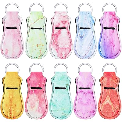 10 Pieces Chapstick Holder Keychains Clip-on Chapstick Sleeve Pouch Lipstick Holder Keychain Lip Balm Holder Key Chain with Marble Pattern for Travel Accessories, 10 Colors (Bass Style)