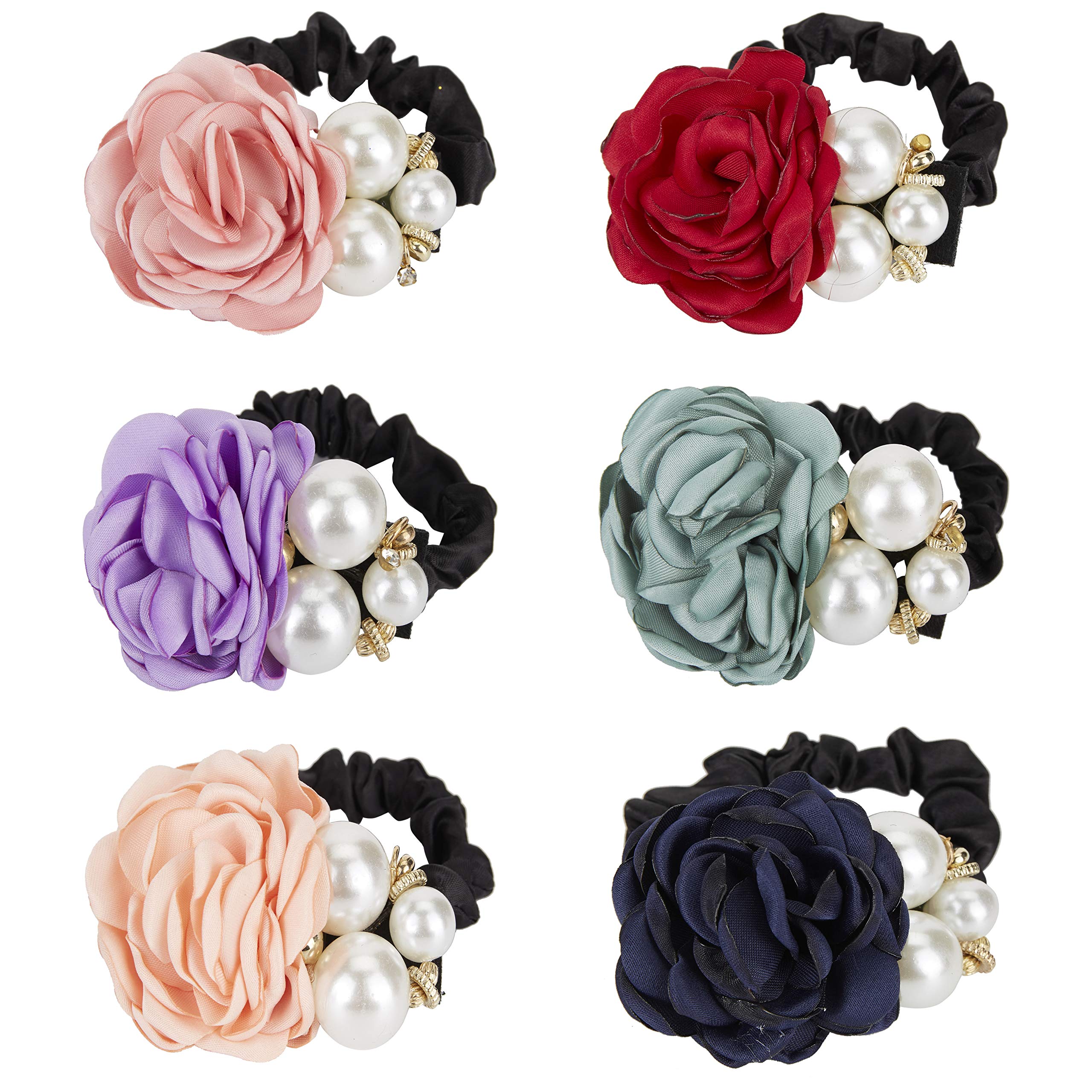 6 Pack Colorful Handmade Pearl Rhinestone Rose Flower Hair Bows Elastics Bands Bubble Hair Ties Stretchy Rubber Hairbands Slim Floral Headbands Scrunchies Ponytail Holder Accessories for Women Girl