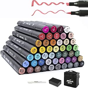 48 Colors Alcohol Brush Markers, Brush & Chisel Dual Tip Artist Sketch Markers, Alcohol Based Brush Art Marker Set w/ 1 Colorless Blender and 1 Highlight Pen
