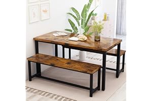 Recaceik Dining Table Set for 4 Kitchen Table Set with 2 Dining Benches, 3 Piece Farmhouse Dining Room Table Set Industrial Breakfast Nook Table Set for Small Space, Apartment, Rustic Brown