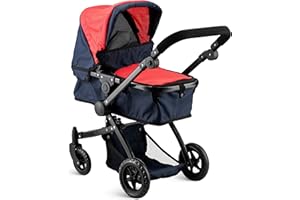 HUSHLILY Convertible Baby Doll Stroller for Dolls - Bassinet Toy Buggy for Toddlers 3 Years and up, Adjustable Seat & Handle with Storage Basket, Red Design for Kids