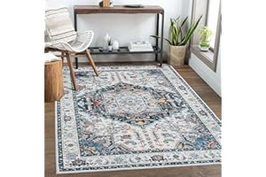 xilixili 5x7 Area Rugs-Stain Resistant Washable Rugs for Living Room,Bedroom,Non Slip Backing Area Rug, Vintage Home Decor Rug (Blue/Orange,5'x7')