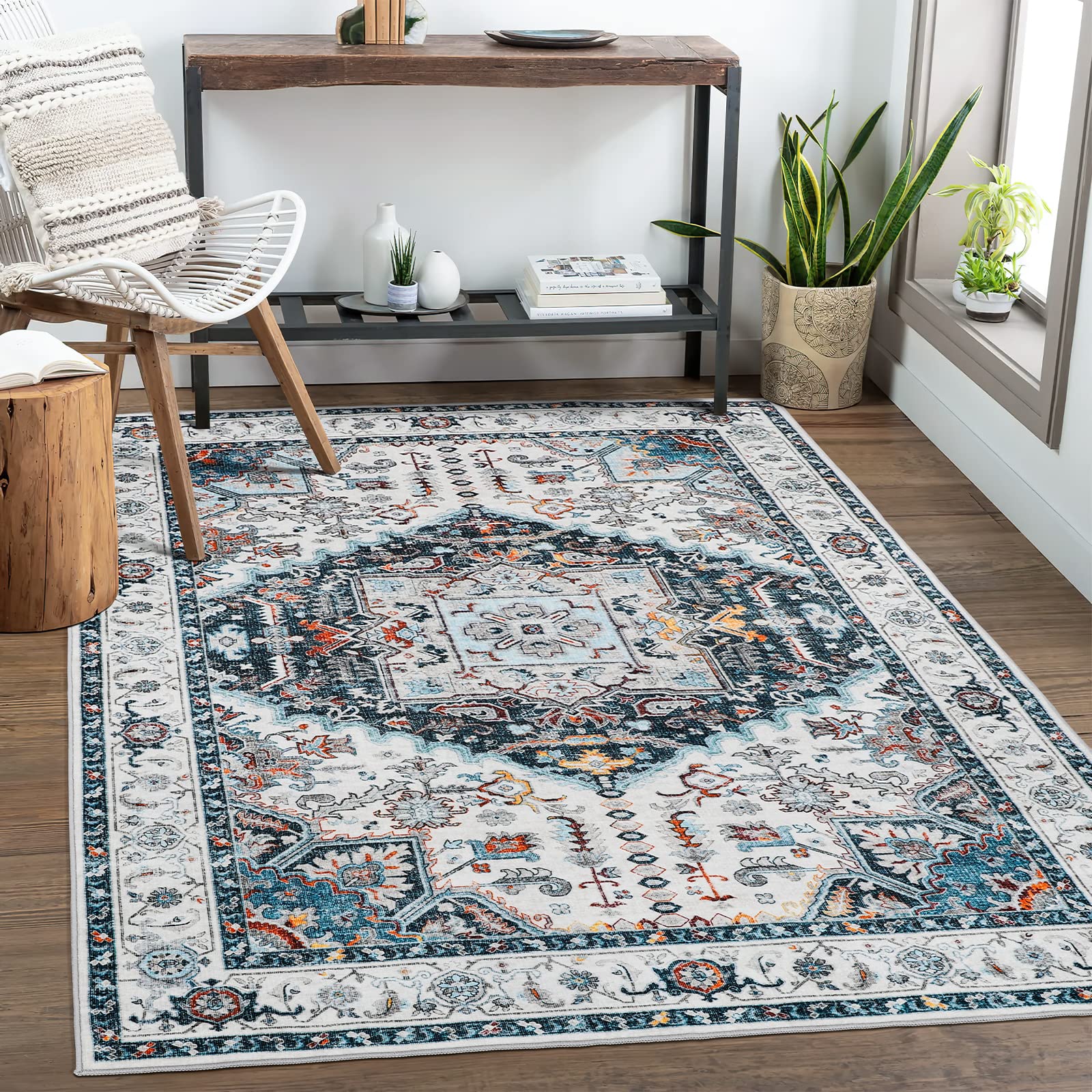 xilixili 5x7 Area Rugs,Washable Rug Anti-Slip Backing Area Rugs for Living Room,Stain Resistant Rugs for Bedroom,Vintage Printed Home Decor Large Area Rug (Blue,5'x7')