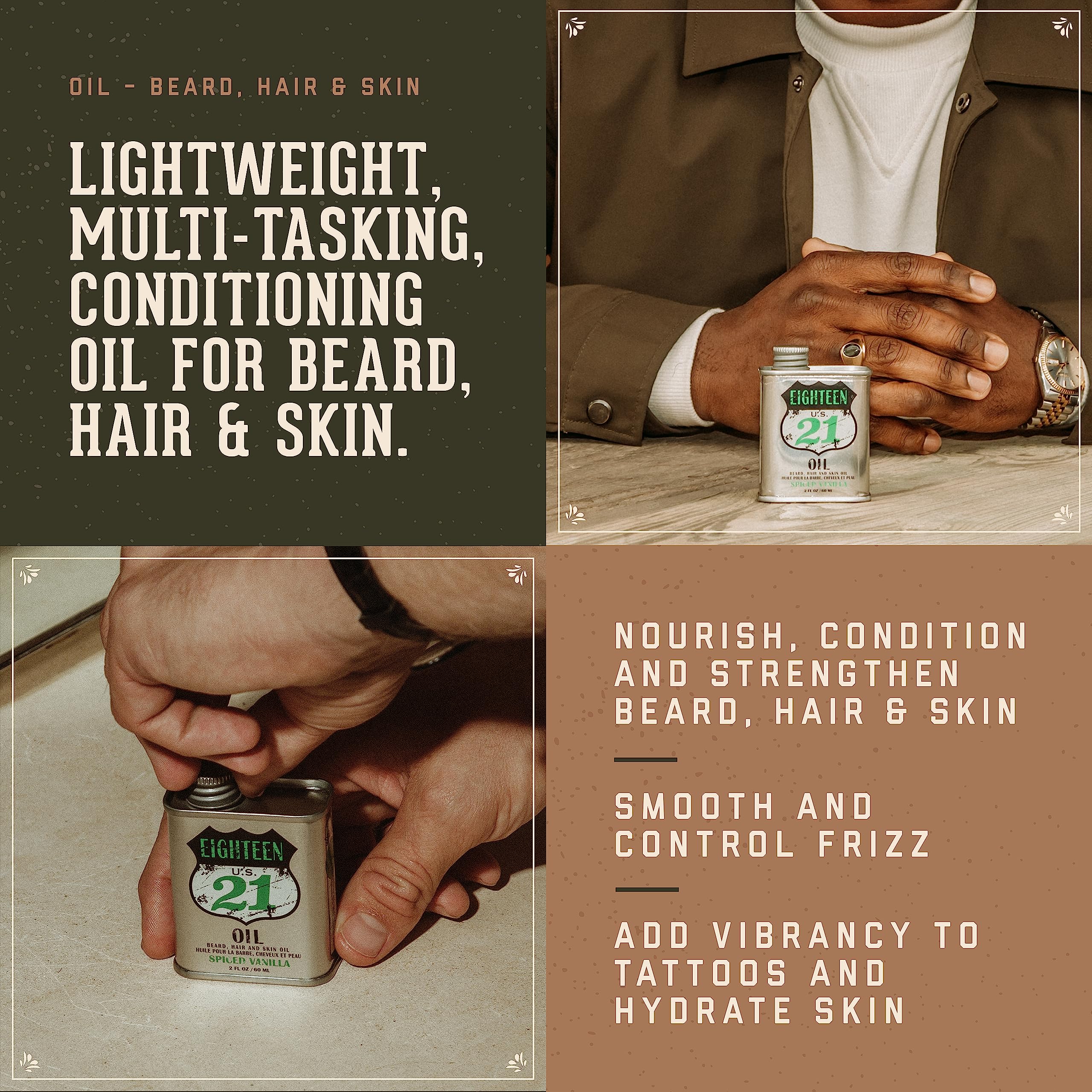 18.21 Man Made Hair, Skin & Beard Oil for Men, 4 Scents - Non-Greasy, Conditioning Balm with Castor Seed, Jojoba, and Argan Oils - Premium Tattoo and Mustache Care Products