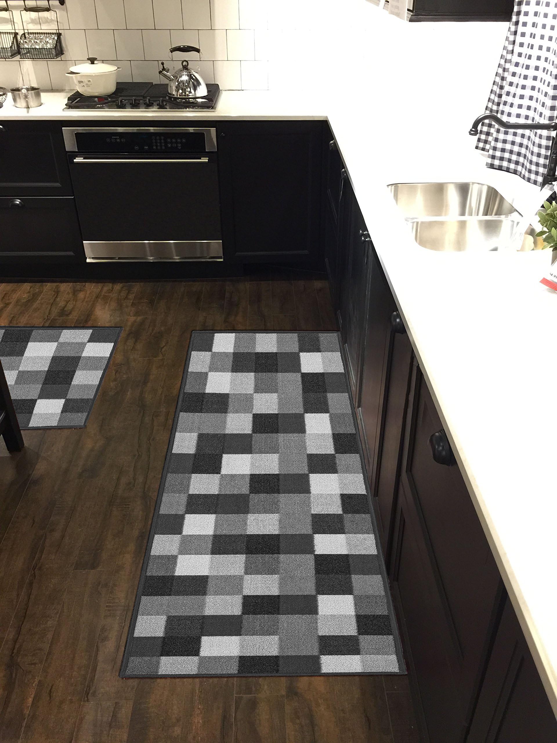 Custom Size Grey Black Ivory Tiles Non-Slip Rubber Backed Hallway Carpet Runner Rug | 22-inch x 16-feet