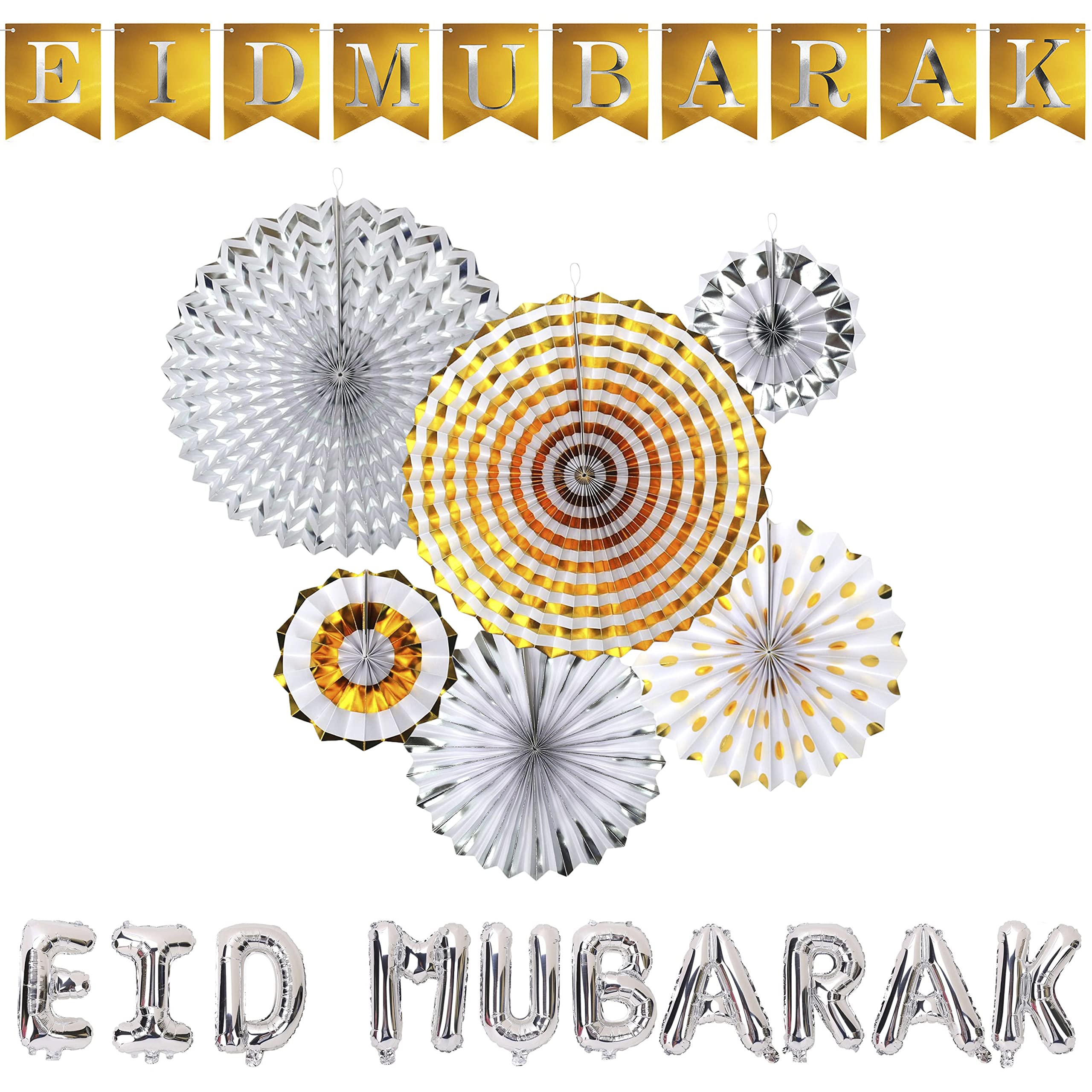 Gold Eid Mubarak Bunting, Silver Foil Balloons & Multicolour Concertina Fan Decoration Set