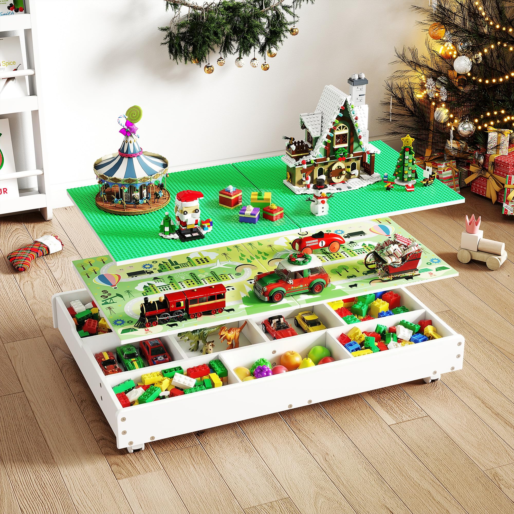 Photo 1 of ***damage major***GITAWUSA 3-in-1 Construction Play Table with Storage Compatible with Lego, Rolling Kids Activity Table, Double Sided Desktop, Train Table for Toddlers 3-8, Convenient Storage Under The Bed and Sofa