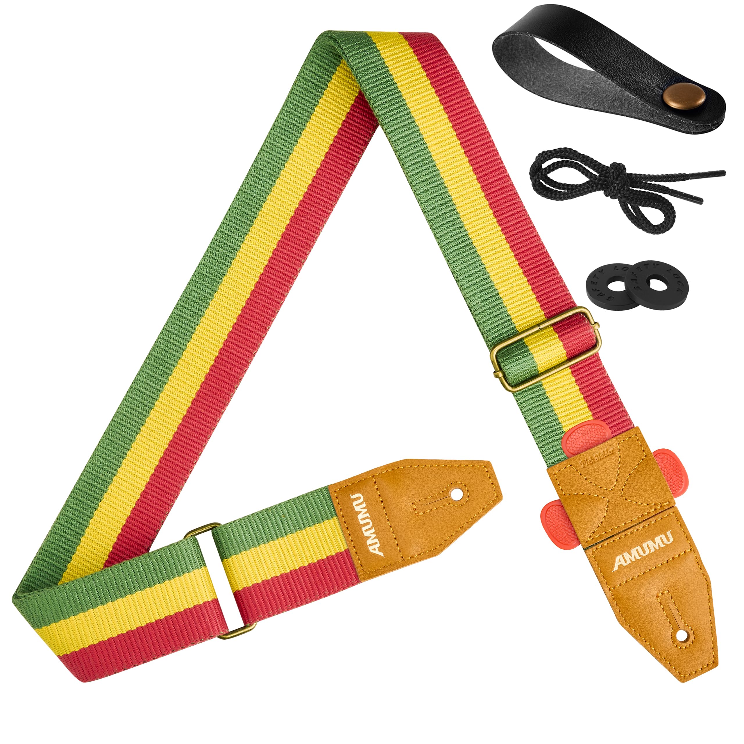 Amumu Reggae Guitar Strap Adjustable length from 35.4" to 60.6" W/Headstock Strap Adapter and 2 Pieces Rubber Locks