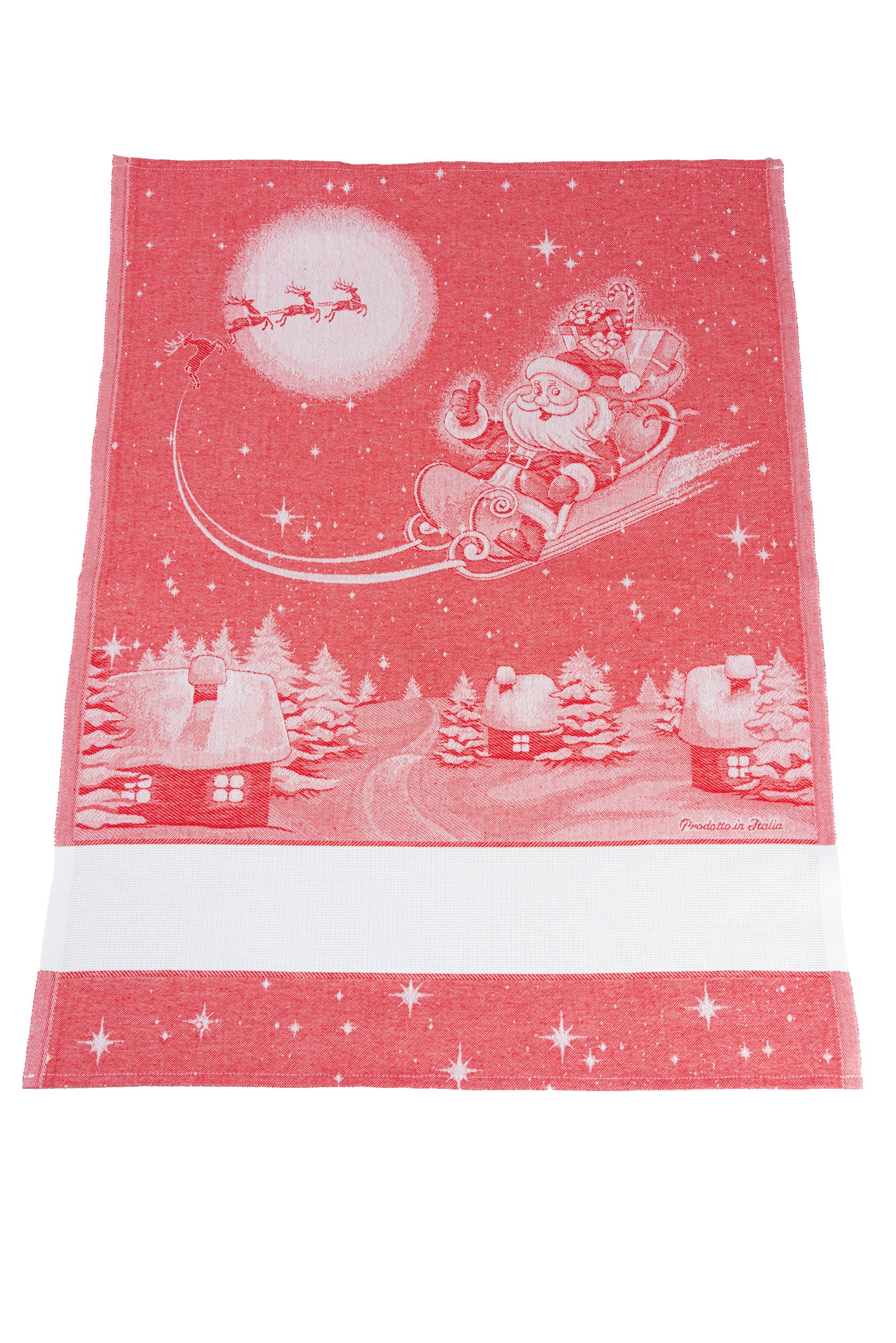 Filet - Jacquard Cotton Christmas Tea Towel, Size 81 x 57 cm, with Aida Insert to Embroider, Santa Claus on Sleigh Design, Made in Italy, Red