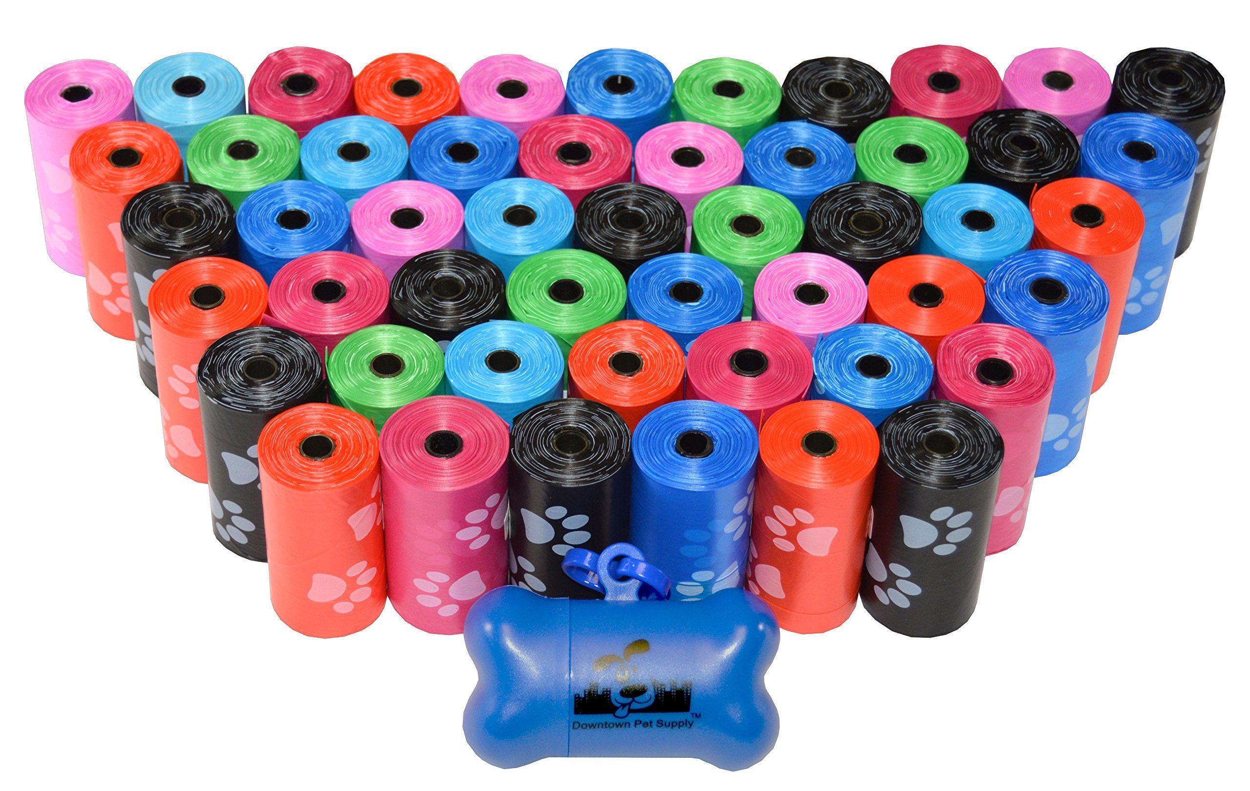 960 Pet Waste Bags, Dog Waste Bags, Bulk Poop Bags on a roll, Clean up poop bag refills - (Color: Rainbow of Colors with paw prints) + FREE Bone Dispenser, by Pet Supply City