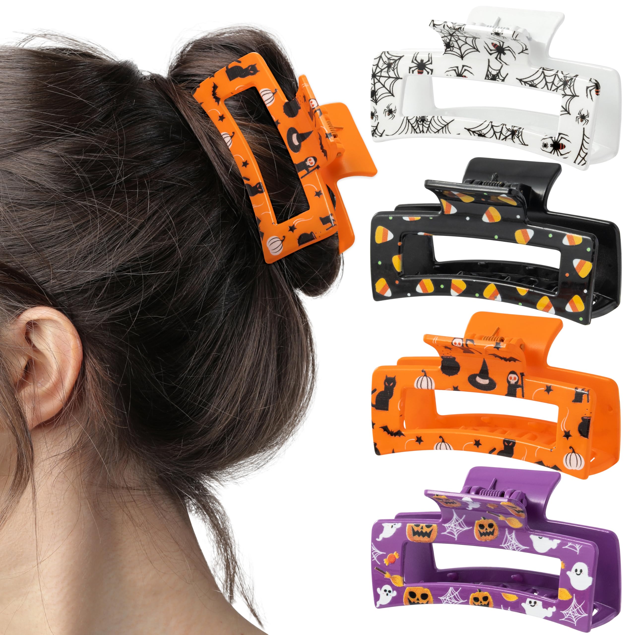 Photo 1 of PANTIDE 4Pcs Halloween Hair Claw Clips for Women Girl - Spooky Spider Pumpkin Ghost Witch Hat Rectangle Nonslip Banana Hair Clips, Thin Thick Short Long Curly Accessories, Halloween Costume Party Gift