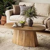 Oval Coffee Table, 47-Inch Living Room Table with Polygonal Pedestal | Child-Friendly, Boho Modern Center Accent Furniture, Easy Assembly, Yellowish Brown
