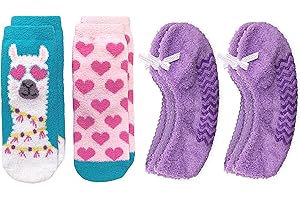 Jefferies Socks Girls Fuzzy Fashion Novelty Pattern Non Skid Slipper Socks 4 Pair Pack (Medium, Llama Multi)