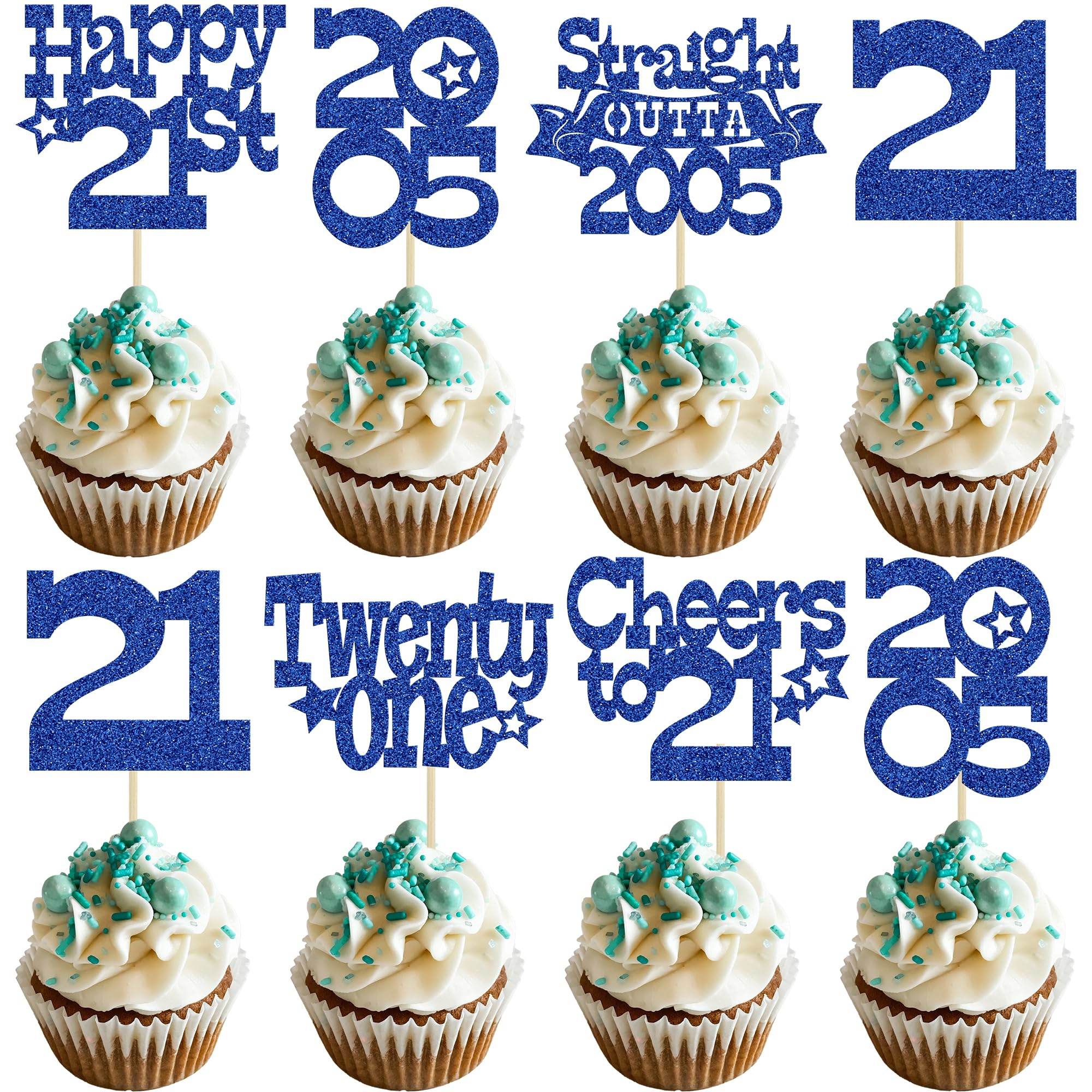 Ephlyn 30Pcs Happy 21st Birthday Cupcake Toppers Glitter Twenty-One Straight Outta 2005 Cupcake Picks Cheers to 21 Years Cake Decorations for 21st Birthday Anniversary Party Supplies Blue