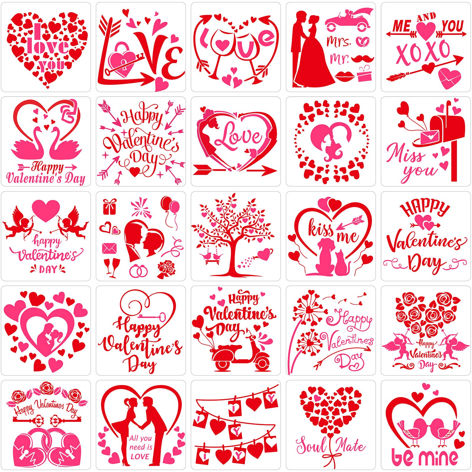 25 Pieces Valentine's Day Stencil Reusable Painting Templates Plastic Heart Couple Album Drawing Stencil for Valentine's Day DIY Craft Painting Scrapbooking Card Wedding Decoration