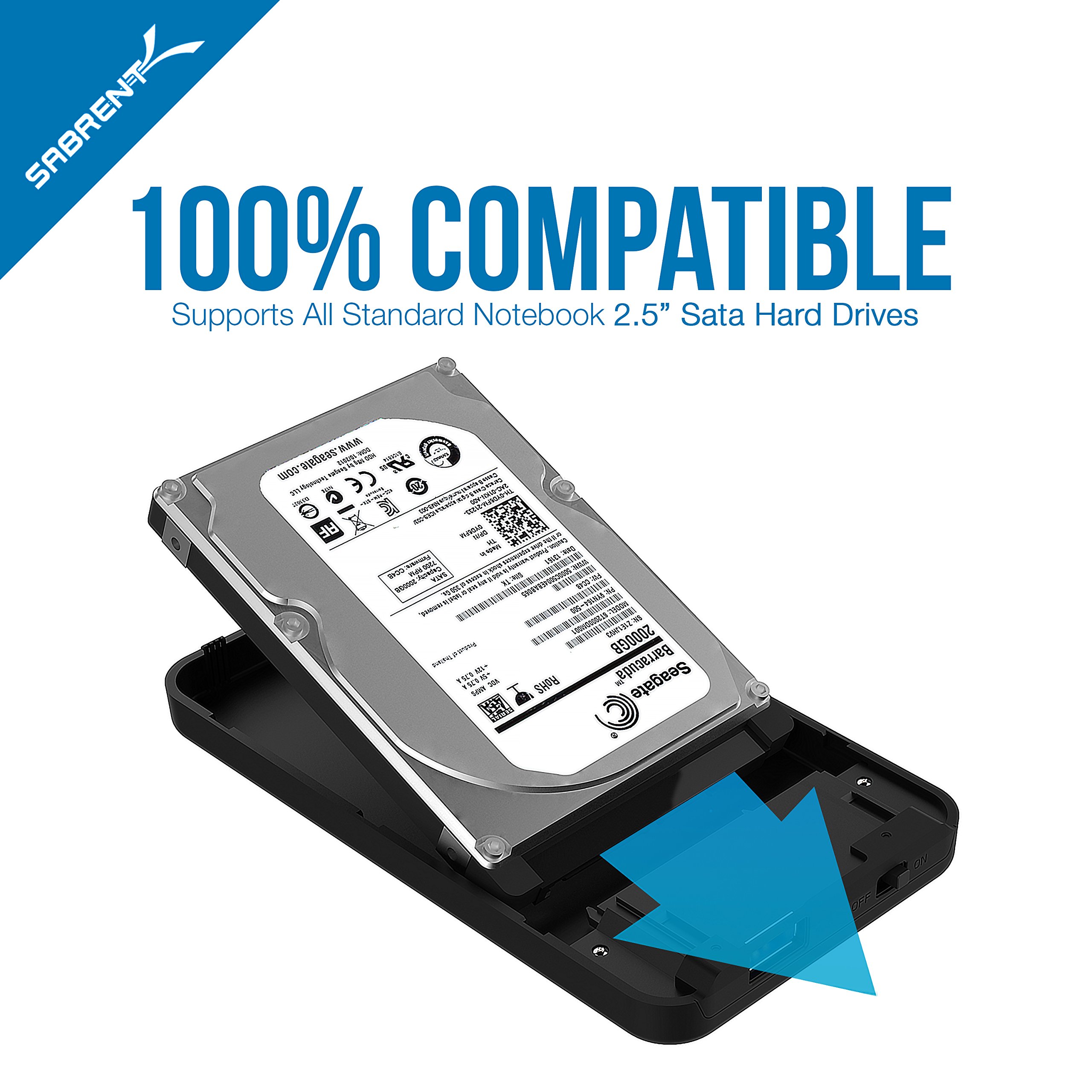 Sabrent 2.5-Inch SATA to USB 3.0 Tool-free External Hard Drive Enclosure [Optimized For SSD, Support UASP SATA III] Black (EC-UASP)