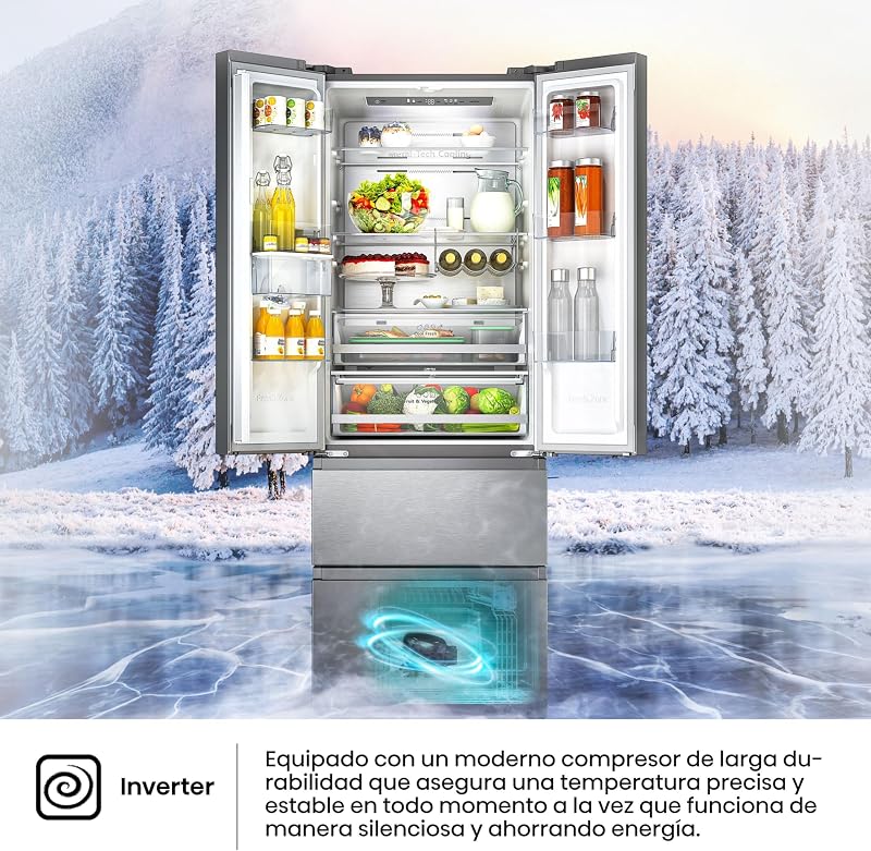 Hisense RF632N4WIE - No Frost Combi Geladeira Inox Porta Francesa, Com Dispensador, Sem Geada, 2 Metros, Gaveta, 337Litros, Sistema de fluxo de ar, Acabamento em aço inoxidável, 485 litros