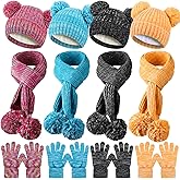 Newcotte 12 Pcs Kids Knitted Winter Hat Gloves Scarf Set Thick Warm Fleece Lined Pompom Beanie Scarf Gloves for Girls Boys