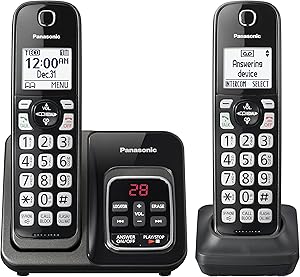 PANASONIC Expandable Cordless Phone System with Link2Cell Bluetooth, Voice Assistant, Answering Machine and Call Blocking - 2 Cordless Handsets - KX-TGD562M (Metallic Black)