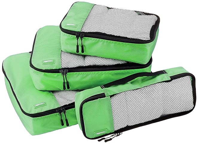 AmazonBasics Kleidertaschen-Set, 4-teilig, je 1 kleine, mittelgroße, große und schmale Packtasche, Grün