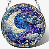8-Inch Moon and Star Stained Glass Ornament, Stained Glass Window Hanging, Window Hanging Decor Suncatcher, Night Sky Ornament | Holiday, Mother’s Day, Housewarming | Gifts for Friend & Family