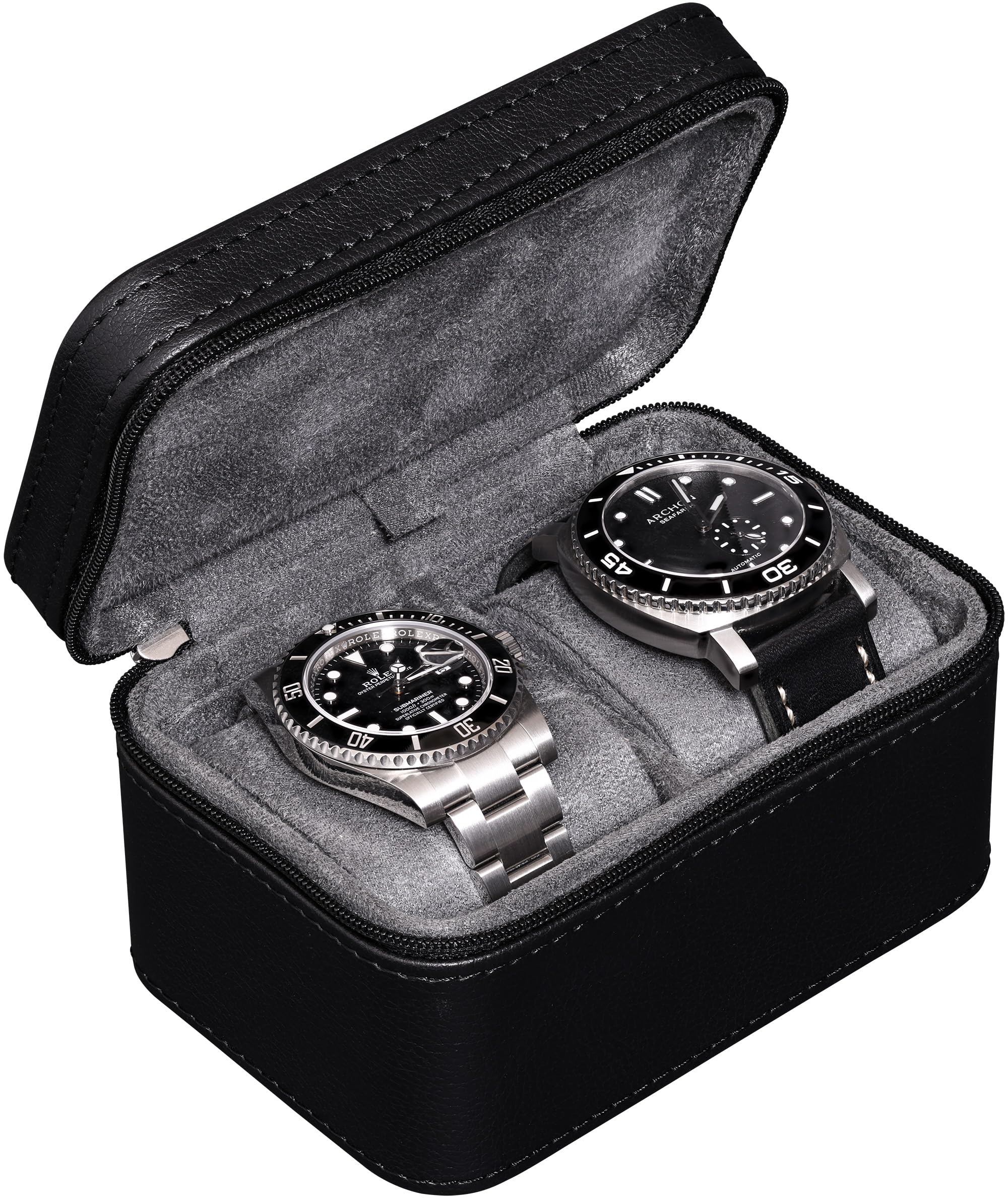 Photo 1 of ROTHWELL 2 Watch Travel Case for Men | Compact PU Leather Protective Box with Microsuede Interior | Fits Watches & Smartwatches Up to 55mm (Black/Grey)
