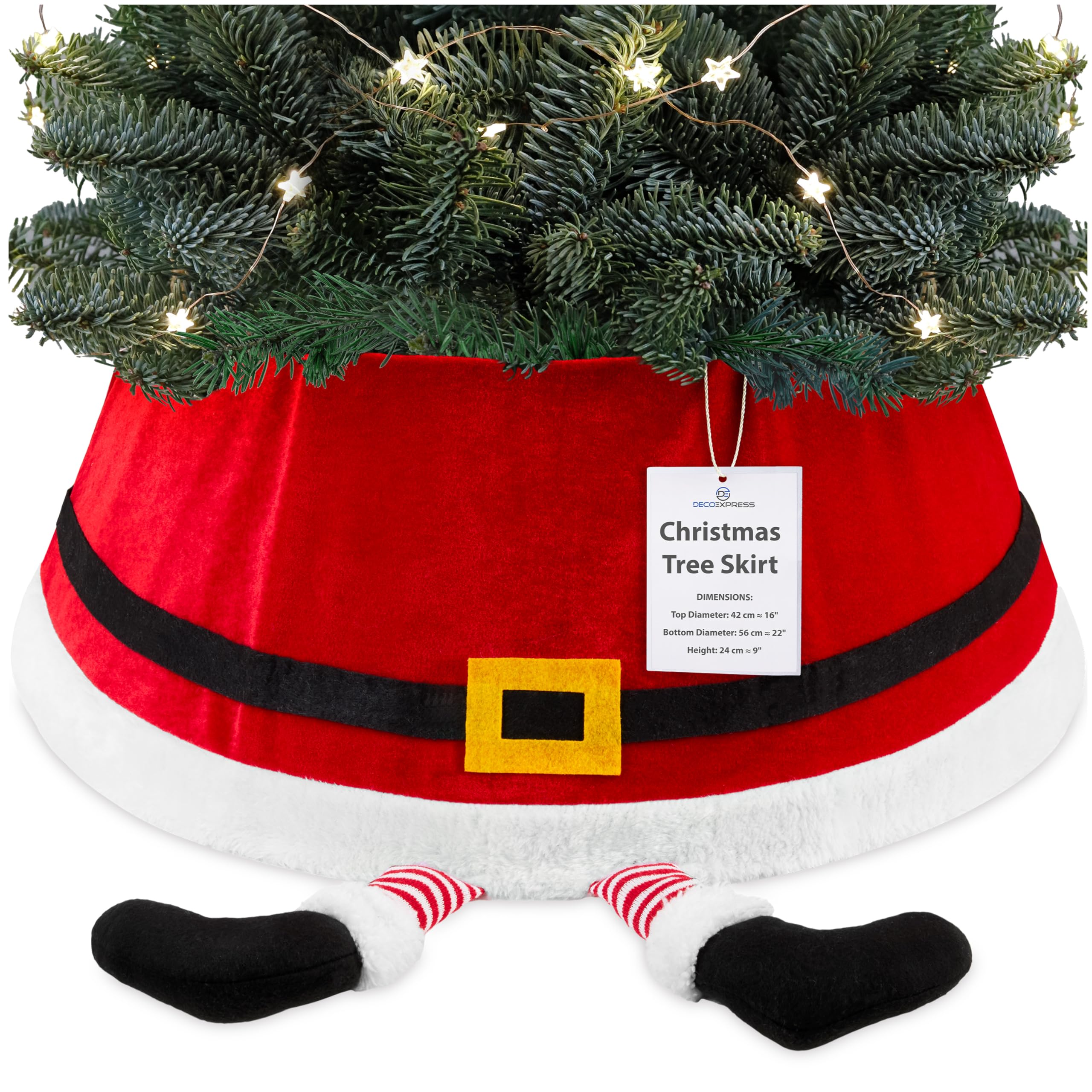 DECO EXPRESS Christmas Tree Skirt, Funny Santa Tree Base Cover, Fun Collar for Christmas Decorations, Festive Decor for Xmas Party, 42cm x 24cm (Red Santa, Top 42cm/Base 56.5cm)