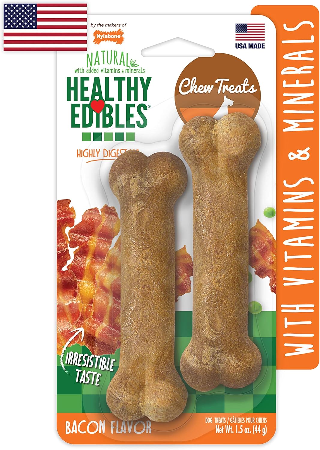 Nylabone Healthy Edibles All-Natural Long Lasting Bacon Chew Treats 2 count Petite - Up to 15 lbs. (NEB101TPP)