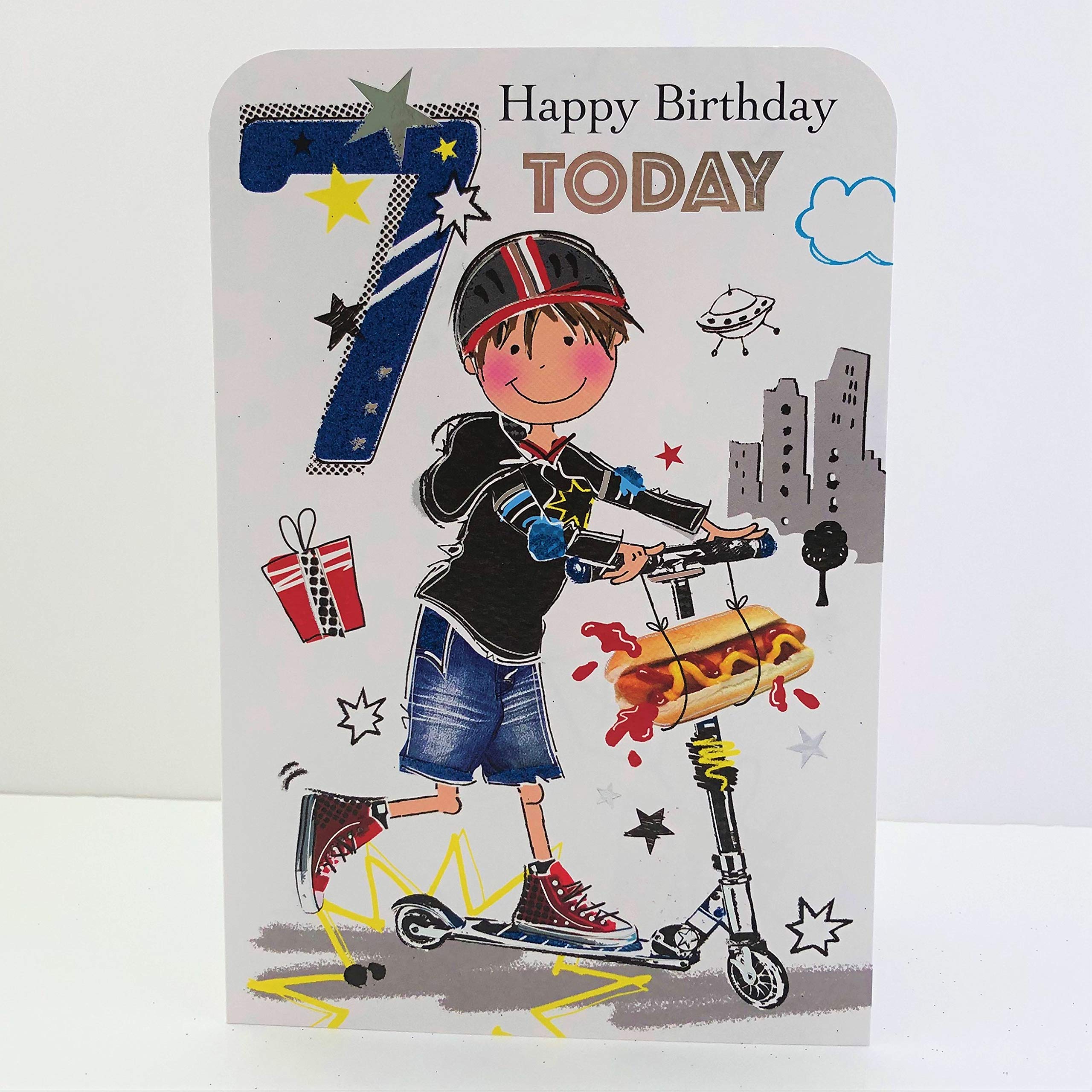 Jonny Javelin Boy Age 7 Happy Birthday Card - Boy On Scooter