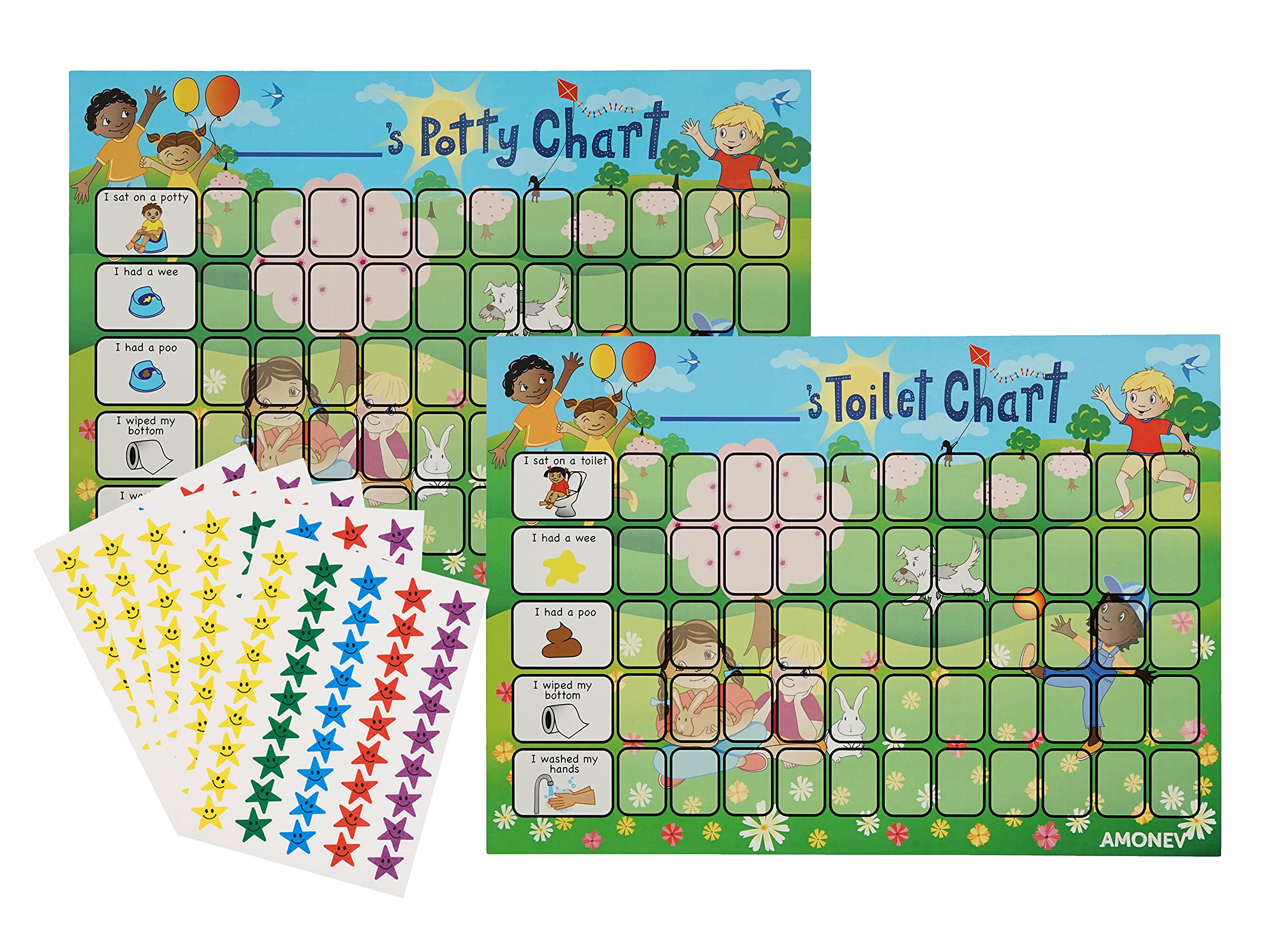 Amonev Children Toilet Training Reward chart and Potty Training reward chart for boys and girls Toddlers Twin Pack with 225 star stickers included