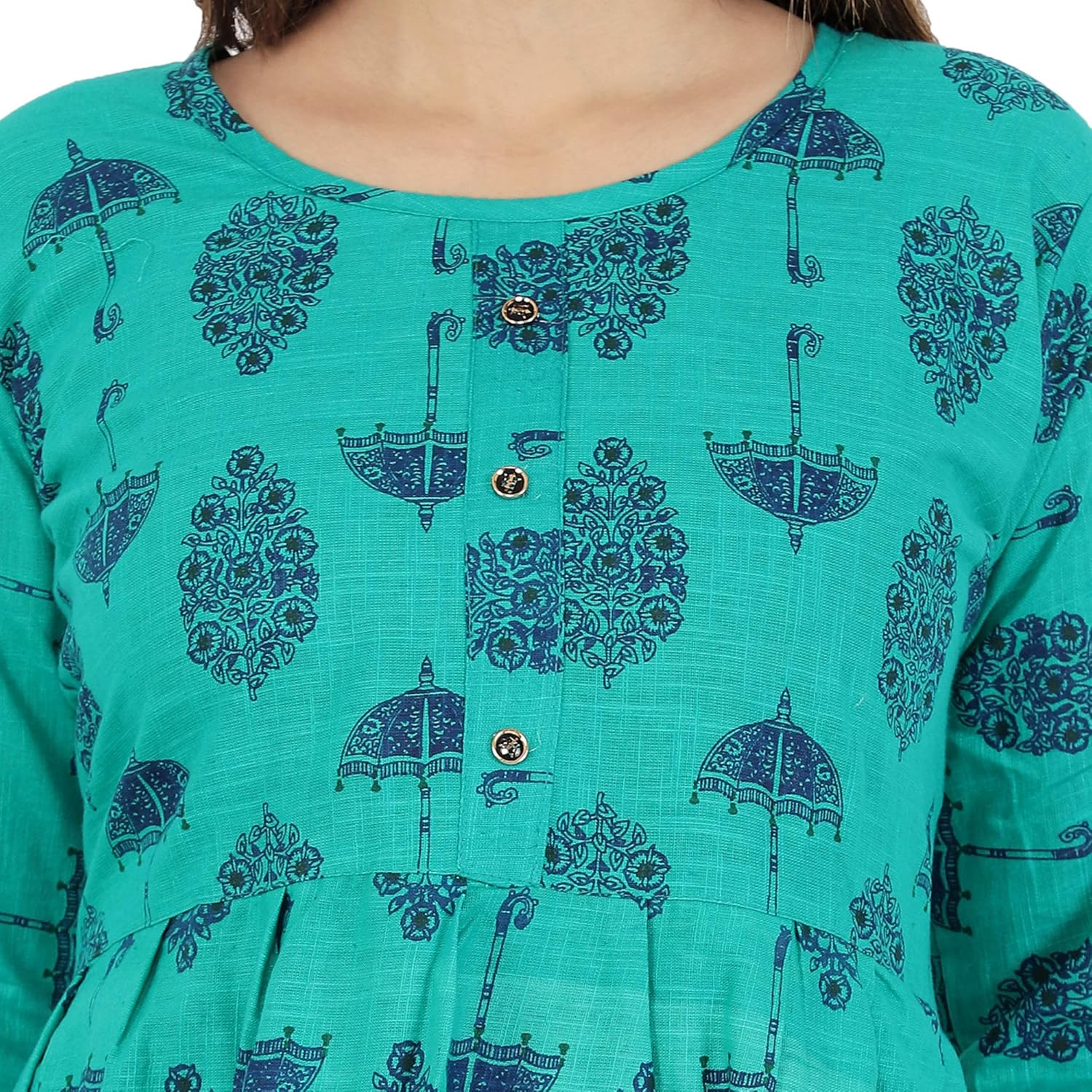 scion women's rama green printed cotton slub anarkali kurti for women