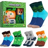 Minecraft Boys Calf Length Socks, Size 6&ndash;14 Yrs, 3 or 5 Pack Soft Cozy Sports School Creeper Socks, Gamer Gifts for Boys (Green Square - 5 Pack, 4.5/7.5 US, 9-14 Years)