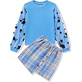 Auiopila Girl Clothes Girls Outfits Flare-lace Sleeve Top and Plaid Skirt Dress Fall Winter 2Pcs Girls Clothes 6-14T