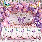 Butterfly Birthday Decorations Party Supplies for Girls Women with Pink Purple Balloon Arch Kit Backdrop Tablecloth Butterfly Wall Decor Foil Balloons Cake Toppers